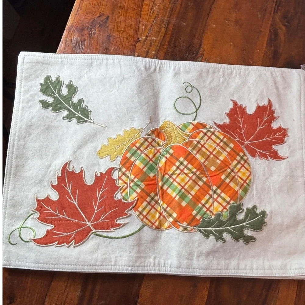Harvest Plaid Pumpkin Embroidered Fall Placemats Set Cream Autumn Leaves K49328
